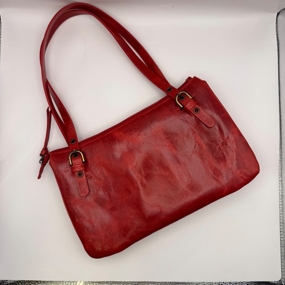 Red Italian Leather Shoulder Bag Flower Charm Zip Top Adjustable Straps - Picture 5 of 8